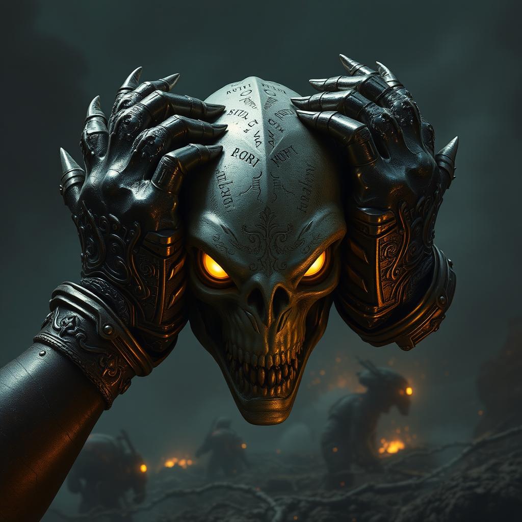 A dramatic scene featuring Warhammer-style hands gripping an alien head, showcasing elaborately designed armor with intricate engravings and glowing runes