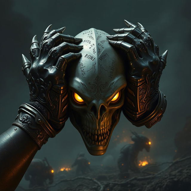 A dramatic scene featuring Warhammer-style hands gripping an alien head, showcasing elaborately designed armor with intricate engravings and glowing runes