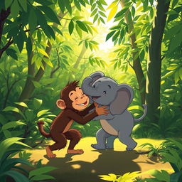 In a lush green forest, a playful scene unfolds where a brown monkey and a small gray elephant are playfully wrestling with each other