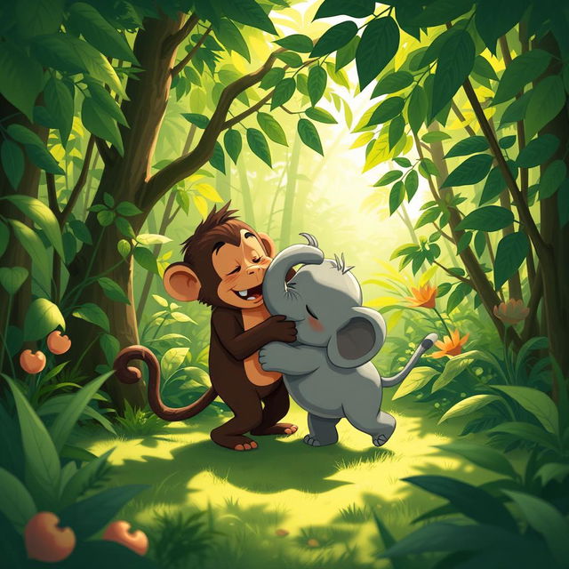 In a lush green forest, a playful scene unfolds where a brown monkey and a small gray elephant are playfully wrestling with each other