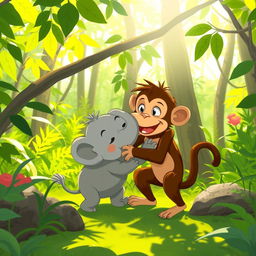 In a lush green forest, a playful scene unfolds where a brown monkey and a small gray elephant are playfully wrestling with each other