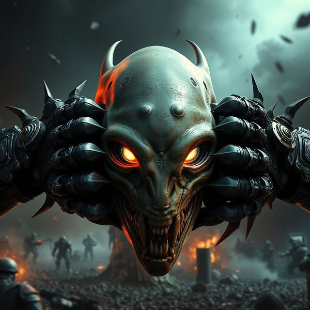 A striking scene featuring Warhammer-style hands powerfully gripping an alien head, portrayed with incredible detail and artistic flair