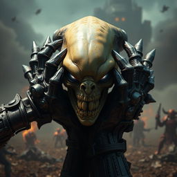 A striking scene featuring Warhammer-style hands powerfully gripping an alien head, portrayed with incredible detail and artistic flair