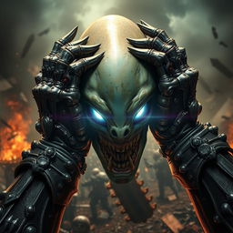 A striking scene featuring Warhammer-style hands powerfully gripping an alien head, portrayed with incredible detail and artistic flair