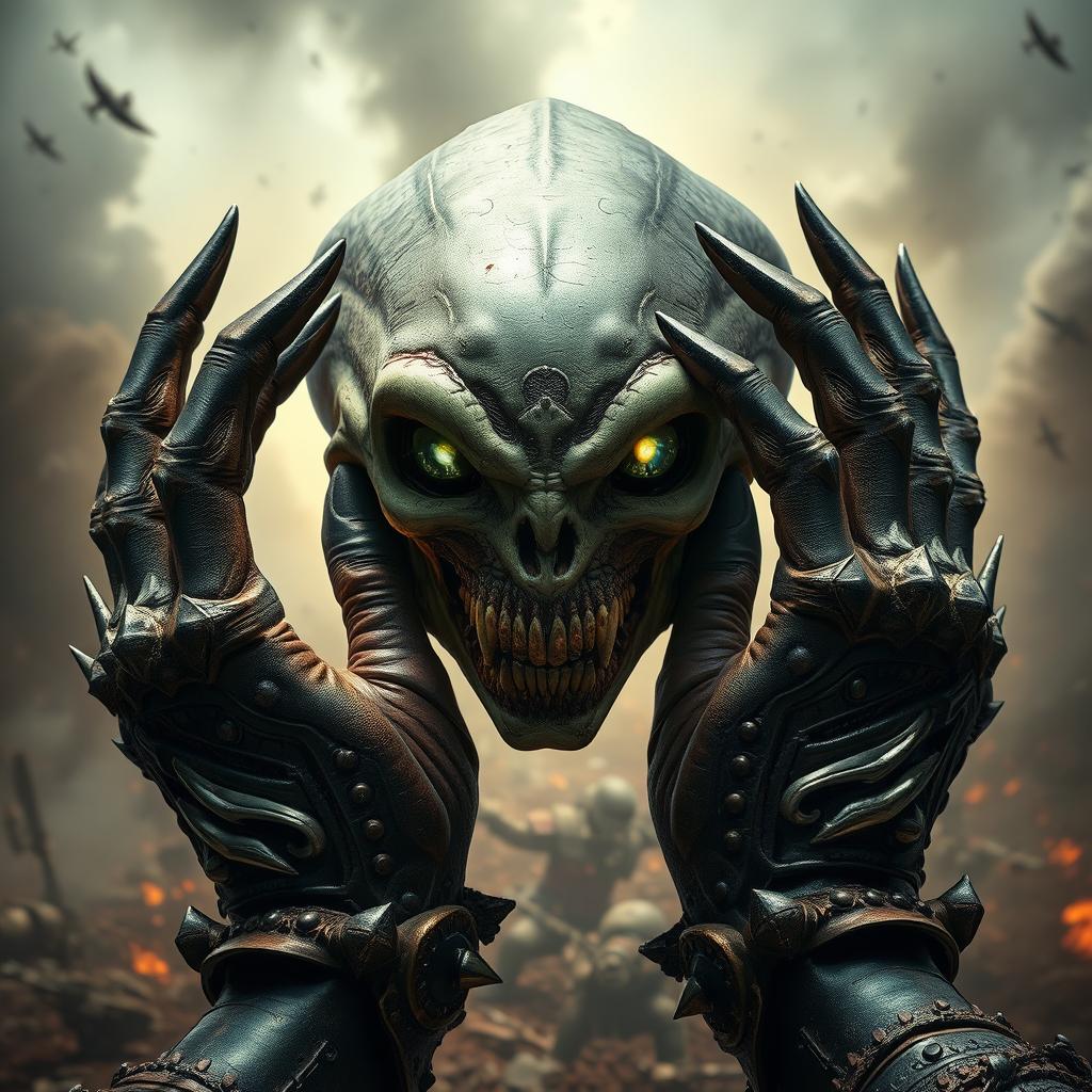 A striking scene featuring Warhammer-style hands powerfully gripping an alien head, portrayed with incredible detail and artistic flair