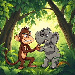 In a vibrant green forest, a dynamic scene captures a brown monkey and a small gray elephant angrily wrestling with each other