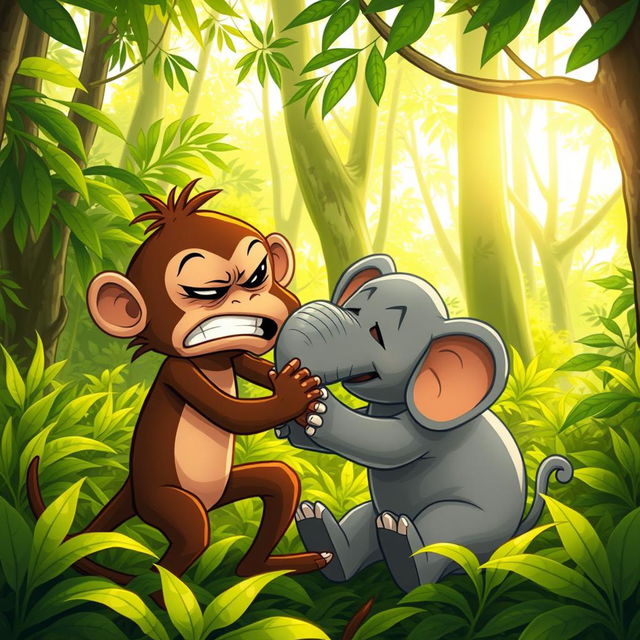 In a vibrant green forest, a dynamic scene captures a brown monkey and a small gray elephant angrily wrestling with each other