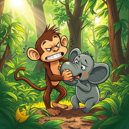 In a vibrant green forest, a dynamic scene captures a brown monkey and a small gray elephant angrily wrestling with each other