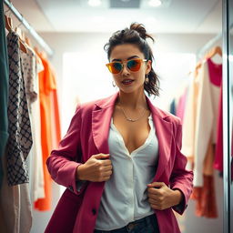 A stylish portrait of a fashionable person changing clothes in a bright, modern dressing room