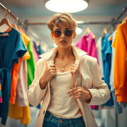 A stylish portrait of a fashionable person changing clothes in a bright, modern dressing room
