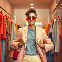 A stylish portrait of a fashionable person changing clothes in a bright, modern dressing room