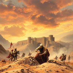 Imam Ali, a heroic figure in historical context, fiercely digging at the gates of the Khyber Fortress during the Battle of Khyber