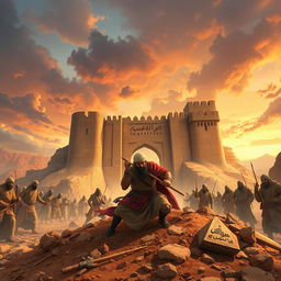 Imam Ali, a heroic figure in historical context, fiercely digging at the gates of the Khyber Fortress during the Battle of Khyber