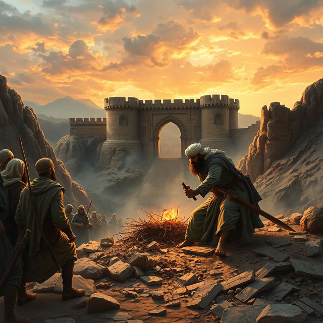 Imam Ali, a heroic figure in historical context, fiercely digging at the gates of the Khyber Fortress during the Battle of Khyber