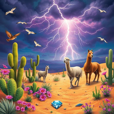 A vibrant desert scene filled with cacti, snakes, and owls, under a striking lightning-filled sky