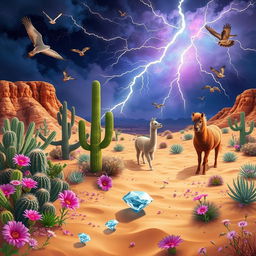 A vibrant desert scene filled with cacti, snakes, and owls, under a striking lightning-filled sky