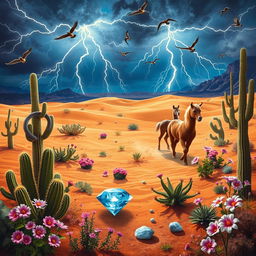 A vibrant desert scene filled with cacti, snakes, and owls, under a striking lightning-filled sky