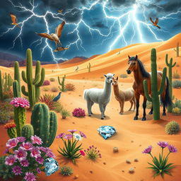 A vibrant desert scene filled with cacti, snakes, and owls, under a striking lightning-filled sky