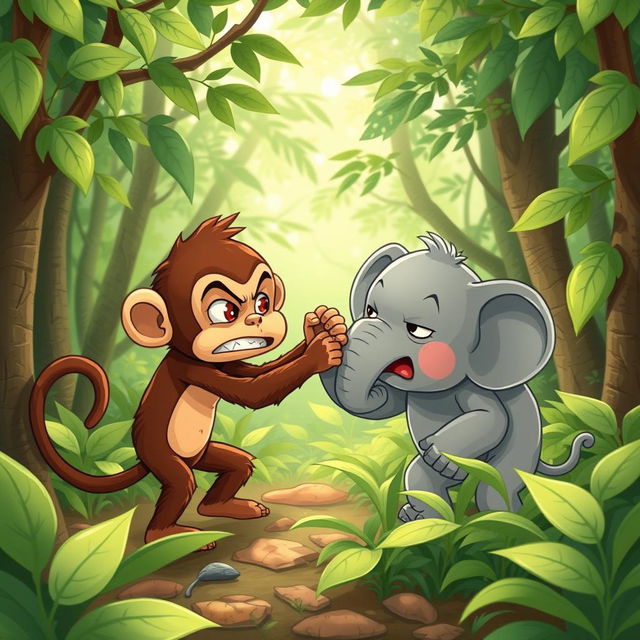 In a vibrant green forest, a charming scene unfolds with a cute brown monkey and an adorable small gray elephant engaging in an amusing wrestling match