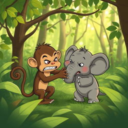 In a vibrant green forest, a charming scene unfolds with a cute brown monkey and an adorable small gray elephant engaging in an amusing wrestling match