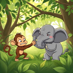 In a vibrant green forest, a charming scene unfolds with a cute brown monkey and an adorable small gray elephant engaging in an amusing wrestling match