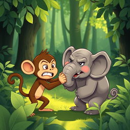 In a vibrant green forest, a charming scene unfolds with a cute brown monkey and an adorable small gray elephant engaging in an amusing wrestling match