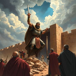 A powerful illustration of Imam Ali triumphantly uprooting a massive gate during the siege of the Khaybar fortress