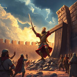 A powerful illustration of Imam Ali triumphantly uprooting a massive gate during the siege of the Khaybar fortress