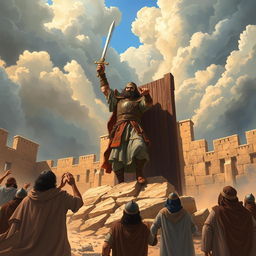 A powerful illustration of Imam Ali triumphantly uprooting a massive gate during the siege of the Khaybar fortress