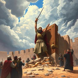 A powerful illustration of Imam Ali triumphantly uprooting a massive gate during the siege of the Khaybar fortress