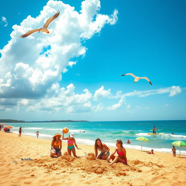 A sunny beach scene with golden sands and gentle waves, featuring a vibrant blue sky with fluffy white clouds