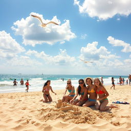 A sunny beach scene with golden sands and gentle waves, featuring a vibrant blue sky with fluffy white clouds