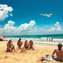 A sunny beach scene with golden sands and gentle waves, featuring a vibrant blue sky with fluffy white clouds