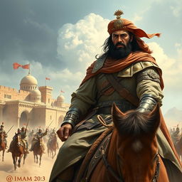 A majestic and powerful depiction of Imam Ali during the Battle of Khaybar