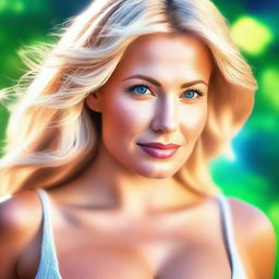 A high-quality digital art image of a naturally beautiful, busty blonde woman in her 30s