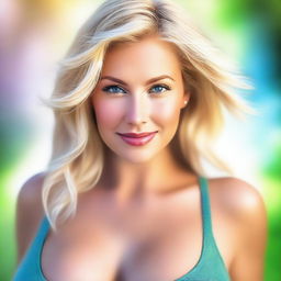 A high-quality digital art image of a naturally beautiful, busty blonde woman in her 30s