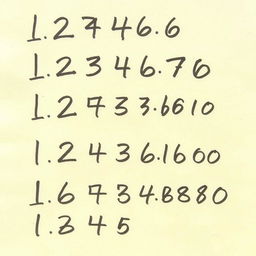 A list of hand-written numbers on a piece of notepaper, showcasing various digits with a natural and realistic style, including a mix of font sizes and casual scribbles that reflect the unique handwriting of different individuals, with an emphasis on common numerals like 1, 2, 3, 4, 5, all written in a slightly messy but legible manner, the notepaper has a slight yellow tint, hinting at age, with soft shadowing behind the paper to give it depth