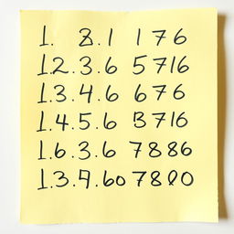 A list of hand-written numbers on a piece of notepaper, showcasing various digits with a natural and realistic style, including a mix of font sizes and casual scribbles that reflect the unique handwriting of different individuals, with an emphasis on common numerals like 1, 2, 3, 4, 5, all written in a slightly messy but legible manner, the notepaper has a slight yellow tint, hinting at age, with soft shadowing behind the paper to give it depth