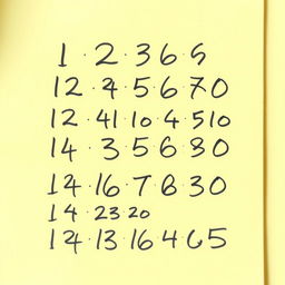 A list of hand-written numbers on a piece of notepaper, showcasing various digits with a natural and realistic style, including a mix of font sizes and casual scribbles that reflect the unique handwriting of different individuals, with an emphasis on common numerals like 1, 2, 3, 4, 5, all written in a slightly messy but legible manner, the notepaper has a slight yellow tint, hinting at age, with soft shadowing behind the paper to give it depth