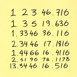 A list of hand-written numbers on a piece of notepaper, showcasing various digits with a natural and realistic style, including a mix of font sizes and casual scribbles that reflect the unique handwriting of different individuals, with an emphasis on common numerals like 1, 2, 3, 4, 5, all written in a slightly messy but legible manner, the notepaper has a slight yellow tint, hinting at age, with soft shadowing behind the paper to give it depth