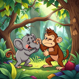 In a lush, vibrant forest setting, a charming scene unfolds where a cute brown monkey and an adorable small gray elephant are engaged in a lively wrestling match, both expressing their playful anger