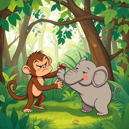 In a lush, vibrant forest setting, a charming scene unfolds where a cute brown monkey and an adorable small gray elephant are engaged in a lively wrestling match, both expressing their playful anger