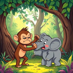 In a lush, vibrant forest setting, a charming scene unfolds where a cute brown monkey and an adorable small gray elephant are engaged in a lively wrestling match, both expressing their playful anger
