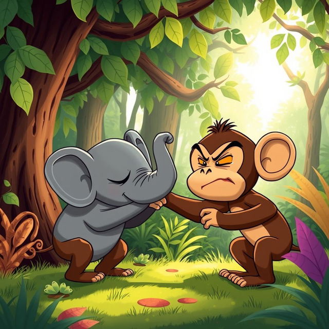 In a lush, vibrant forest setting, a charming scene unfolds where a cute brown monkey and an adorable small gray elephant are engaged in a lively wrestling match, both expressing their playful anger