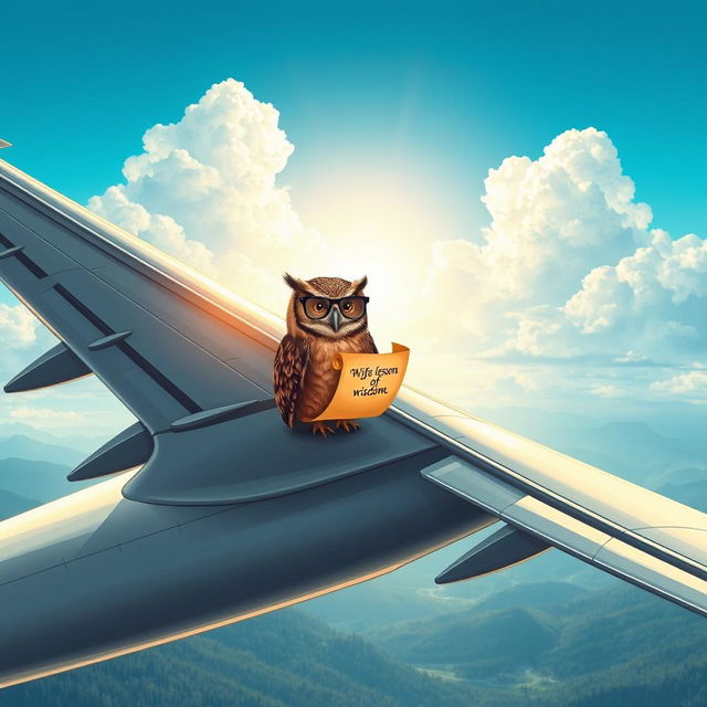 A visually captivating illustration of a wise owl perched on the wing of a massive airplane, representing the theme of 'wings of wisdom'