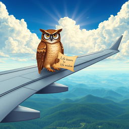 A visually captivating illustration of a wise owl perched on the wing of a massive airplane, representing the theme of 'wings of wisdom'