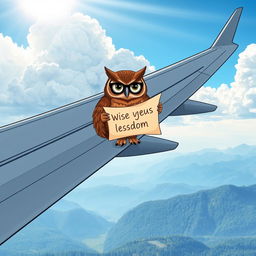 A visually captivating illustration of a wise owl perched on the wing of a massive airplane, representing the theme of 'wings of wisdom'