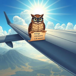 A visually captivating illustration of a wise owl perched on the wing of a massive airplane, representing the theme of 'wings of wisdom'