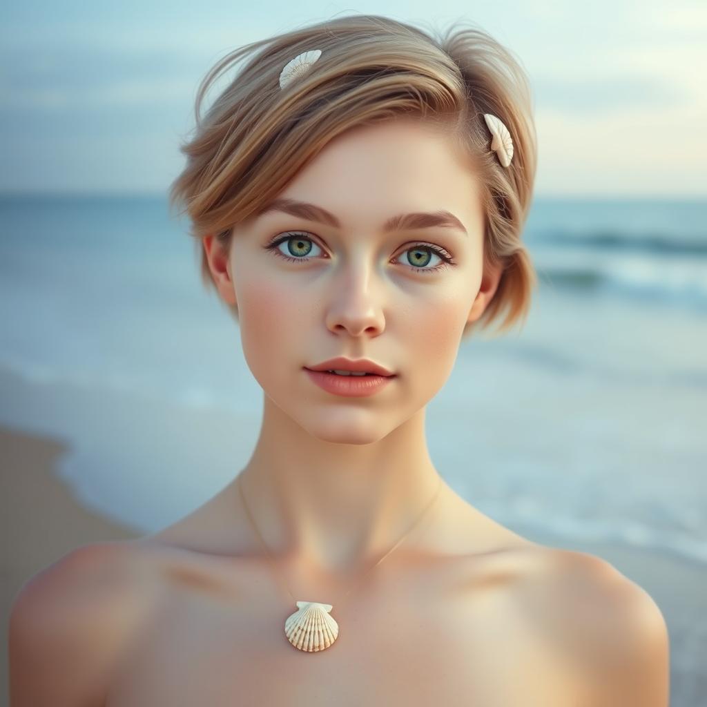 A young woman with sand brown short hair and bright green eyes stands gracefully