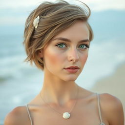 A young woman with sand brown short hair and bright green eyes stands gracefully